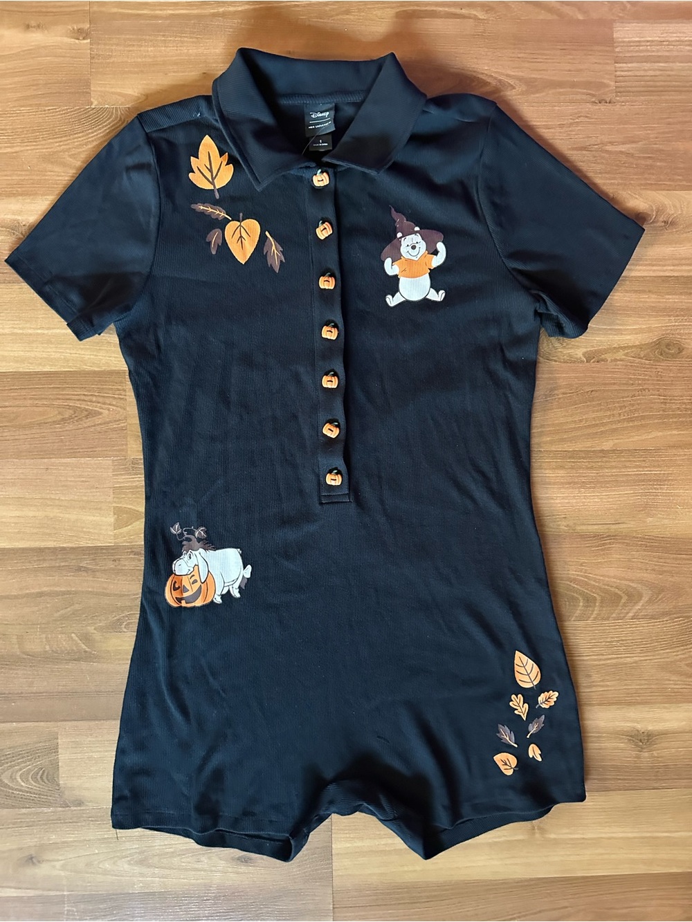 🆕 Disney Black Winnie The Pooh Halloween Polo Romper with Orange Pumpkin Buttons